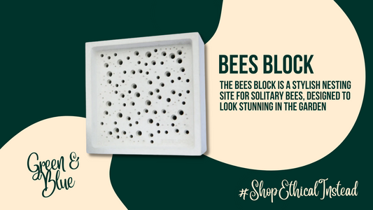 Green&Blue Bees Block is shown on a green back ground with text explaining why it's great and why to shop ethical instead this Christmas and beyond