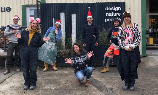 Christmas Team Green&Blue outside Perranporth workshop